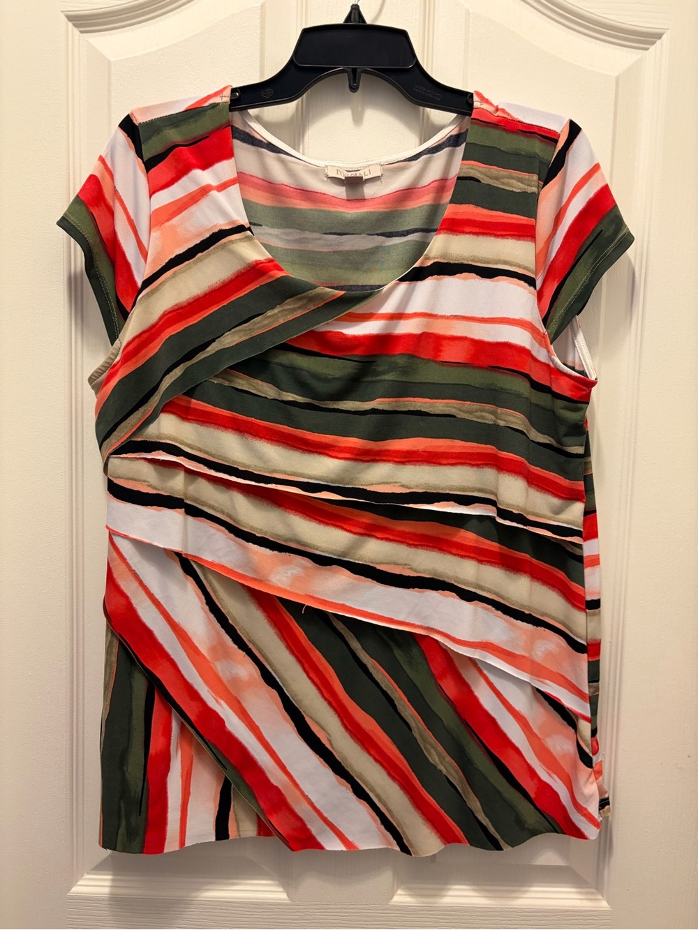 Roz & Ali Striped Draped Cap-Sleeve Top - Red, Green, Cream, Black